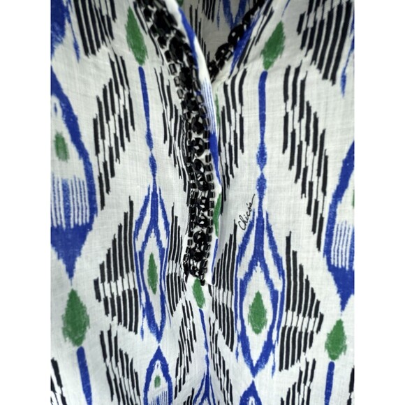 Chicos Blouse V Neck Ikat Beaded Spell Out Black White Size 1/8 Gathered Sleeves - Picture 3 of 9